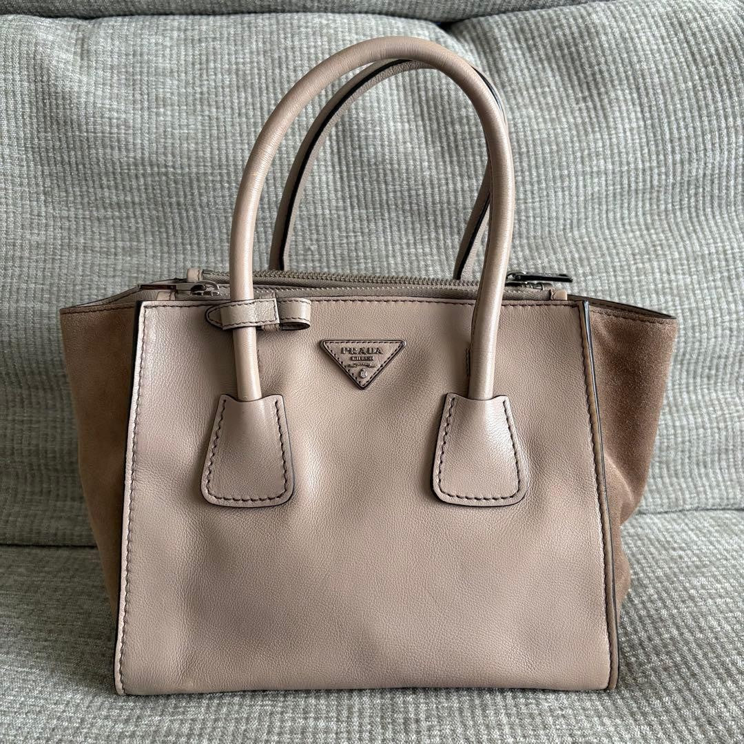PRADA Leather x Suede 2-Way Shoulder Bag, Greige #QY6VVR