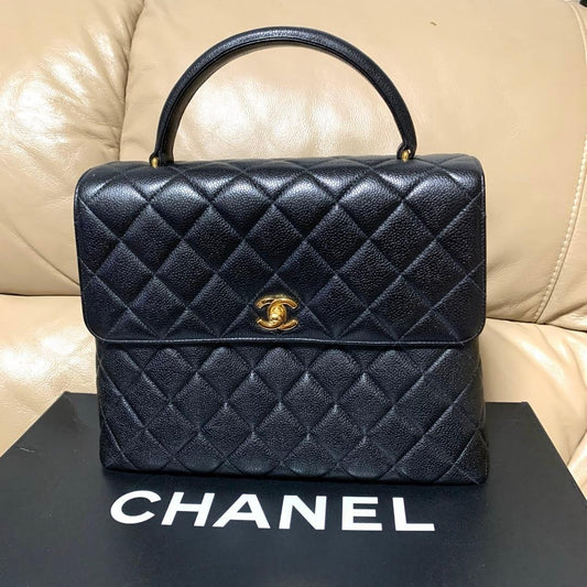 CHANEL Vintage Matelasse Caviar Skin Handbag Black 27x25cm Authentic #QY319K