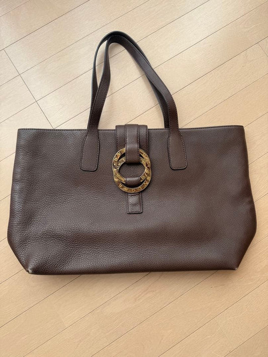 BVLGARI Dark Brown Leather Handbag Ring Detail Large Tote #QYL0HU