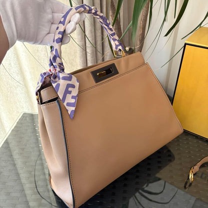 FENDI Peekaboo Medium Brown Calfskin Leather Handbag w/Scarf #QY5DL1
