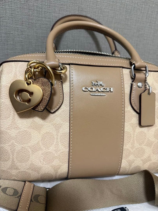 COACH Beige Heart Charm Logo Handbag with Shoulder Strap #QYGBM5