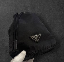 PRADA Nylon Drawstring Bag with Triangle Logo, Black #QY7QXN