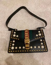 GUCCI Sylvie Studded Pearl Black Leather Handbag Shoulder #QYG4LI