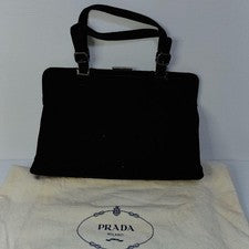 PRADA Handbag Velour Clasp Logo Embossed Black #QY8L2V