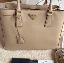 PRADA Saffiano Leather Tote Bag, Beige #QY9O7Y