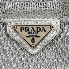 PRADA mesh hand tote bag with triangular logo, silver, lightweight. #QYEU9S