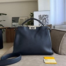 FENDI Peekaboo Essentially Large Navy Shoulder Bag #QYDXK1
