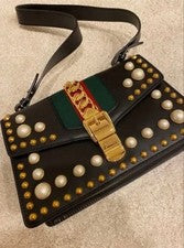 GUCCI Sylvie Studded Pearl Black Leather Handbag Shoulder #QYG4LI