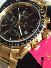 Gold IP coating, multifunction chronograph, 100M water resistance. #QY1YB0