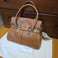 Max Mara Brown Ostrich-Embossed Leather Handbag Gold HW Large Dustbag #QY85DW