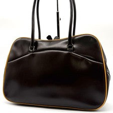 Prada handbag, leather, clasp closure, triangular logo, white tag, brown #QYF0FX
