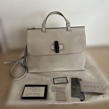 GUCCI Bamboo Daily Leather Handbag Mystic White Ivory Shoulder Strap withC #QY6W70