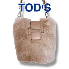 Tod's Double T Handbag, Pink Beige, Rabbit Fur, Women's #QY90VI