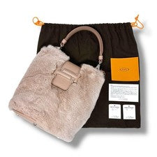 Tod's Double T Handbag, Pink Beige, Rabbit Fur, Women's #QY90VI