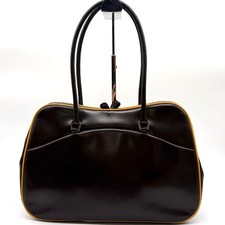 Prada handbag, leather, clasp closure, triangular logo, white tag, brown #QYF0FX
