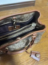 COACH handbag, beige and brown tote bag, no strap., Canvas/Leather #QYJQ66