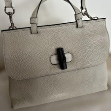 GUCCI Bamboo Daily Leather Handbag Mystic White Ivory Shoulder Strap withC #QY6W70