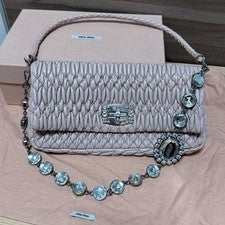 MIU MIU Pink Quilted Flap Handbag Crystal Stone Handle #QY6A8P