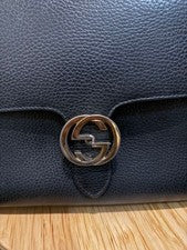 GUCCI Interlocking G 2-Way Black Grained Leather Handbag W35 #QY30WT