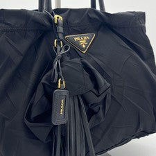 PRADA crinkle nylon handbag, black, gold hardware, metal logo. #QYH6OK