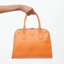 PRADA Saffiano Leather Triangle Tag Handbag Orange #QYAXTN