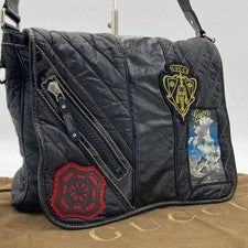 GUCCI Quilted Messenger Bag Black Nylon Leather Patch Embroidery #QY0V72