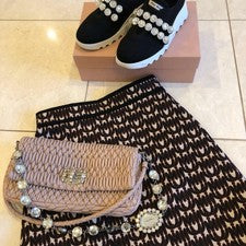 MIU MIU Pink Quilted Flap Handbag Crystal Stone Handle #QY6A8P