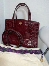 Tory Burch crocodile-embossed handbag, burgundy. #QYESID