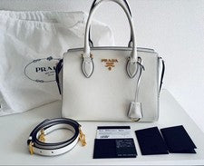 PRADA Saffiano 2-way Handbag Shoulder Bag White Black #QYGR5X
