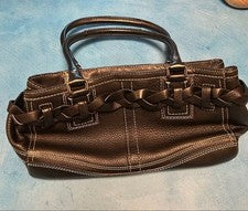 COACH Black Leather Braided Handle Handbag Zip Pocket #QYJ488