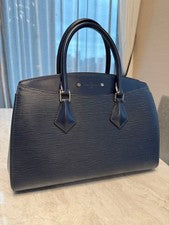 LOUIS VUITTON Epi Leather Handbag Navy Blue Silver Hardware Zip Pocket J #QY9WD6