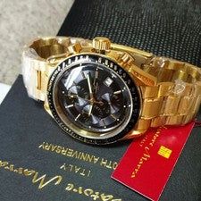 Gold IP coating, multifunction chronograph, 100M water resistance. #QY1YB0