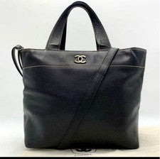 CHANEL Black Leather Handbag 2-Way Women #QYD3AF