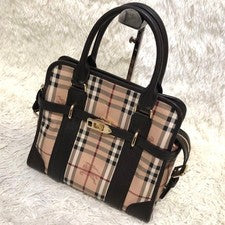BURBERRY Nova Check Pattern Handbag Brown Leather Women #QY7BC6