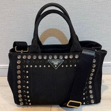 PRADA 1BG439 Canapa Denim Tote 2WAY Bag Studs Gray W29cm Shoulder Italy #QY5TGM