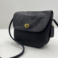 Old Coach Shoulder Bag, Turnlock Closure, Leather, Dark Navy #QYJ340
