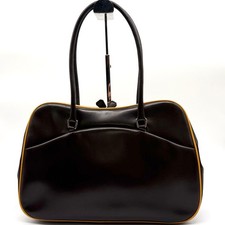 Prada handbag, leather, clasp closure, triangular logo, white tag, brown #QYF0FX