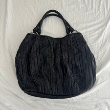 MIU MIU Matelasse Pleated Leather Handbag Black Silver W45 H32 #QYJZ40