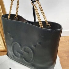 GUCCI Jumbo GG Chain Tote Black Calf Leather Handbag Hard to Find #QYL99L