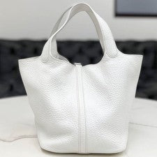HERMES Picotin MM White Taurillon Clemence Handbag J Stamp #QYKEPD