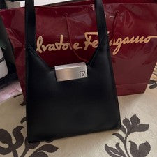 FERRAGAMO Black Leather Tote Bag Silver Clasp #QYEFE0