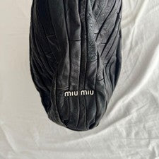 MIU MIU Matelasse Pleated Leather Handbag Black Silver W45 H32 #QYJZ40