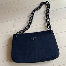 PRADA Black Fabric Chain Strap Handbag W30cm H19cm Lightly Pre-Owned From Jap #QYKEHX
