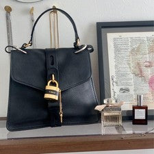 Chloe Abby Medium Bag, Black Leather, Women's, with Padlock #QY4Y1Q