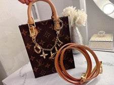 LOUIS VUITTON Petite Sac Plat Monogram Canvas Bag + Chain Charm Set #QY00XS