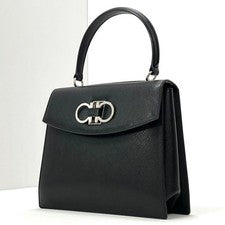 Ferragamo handbag, double Gancini design, black, silver hardware. #QY97XR