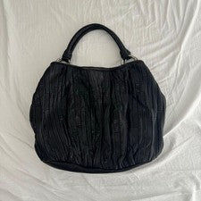 MIU MIU Matelasse Pleated Leather Handbag Black Silver W45 H32 #QYJZ40
