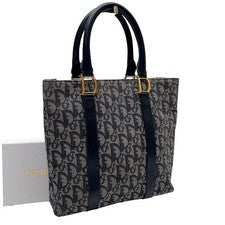 Dior Trotter Canvas x Leather Handbag Tote Navy #QYG472