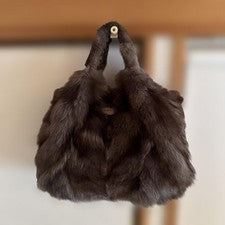 TOD'S Dark Brown Fluffy Fur Handbag Double Handle W40 H25 D20 #QY8TQL