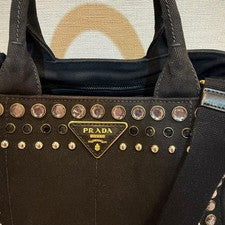PRADA 1BG439 Canapa Denim Tote 2WAY Bag Studs Gray W29cm Shoulder Italy #QY5TGM